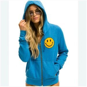 Aviator Nation blue zip hoodie smile smiley face XS